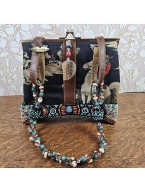 Mary Frances Western Rodeo Beaded Handbag: Leather Trim, Kiss-Lock Closure